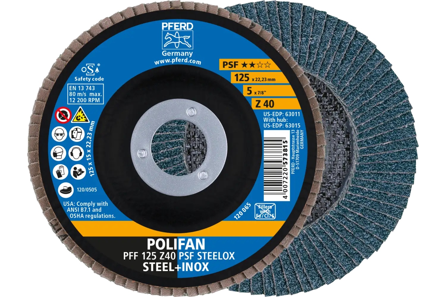 Picture of Pferd Flap Disc, 5" x 7/8, Z PSF Steelox, 40 Grit, T27, Flat, Zirconia